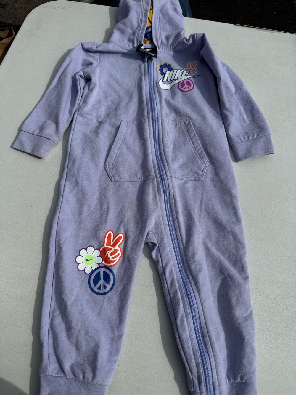 Nike Lilac Kids Hooded Zip One-Piece Romper with Peace & Flower Graphics
